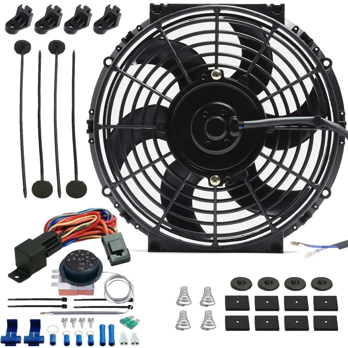 10-11 Inch 90W Electric Radiator Fan Adjustable Thermostat Wiring Switch Kit 1
