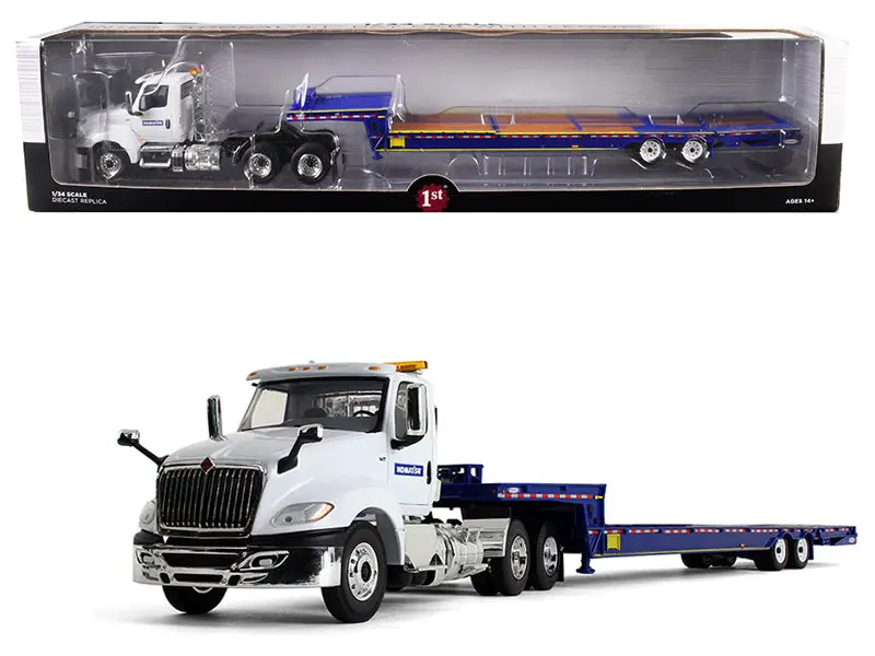 International Lt Day Cab "Komatsu" With "Ledwell" Hydratail Trailer White And Blue 1/34 Diecast Model By First Gear 1