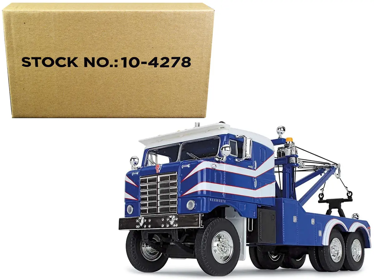 1953 Kenworth Bullnose Heavy-Duty Holmes Wrecker Tow Truck Rich Blue And White 1/34 Diecast Model By First Gear 1