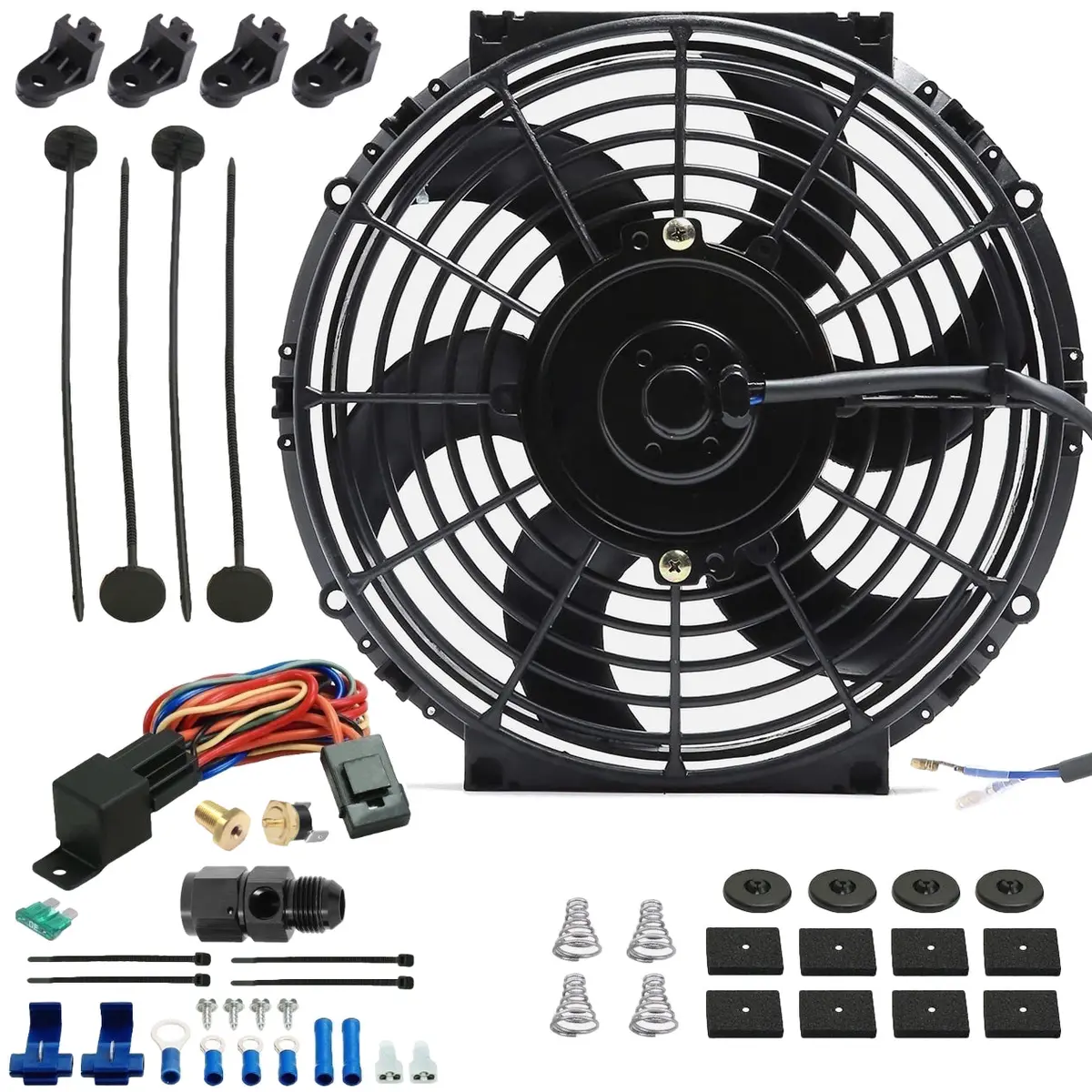 10-11 Inch 130W Electric Trans Oil Cooler Fan Hose End Temperature Switch Kit 1