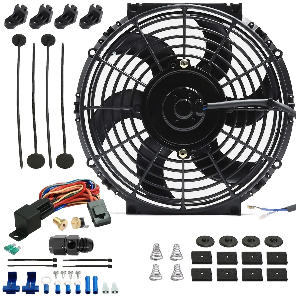 10-11 Inch 90W Electric Trans Oil Cooler Fan Hose End Thermostat Switch Kit 1