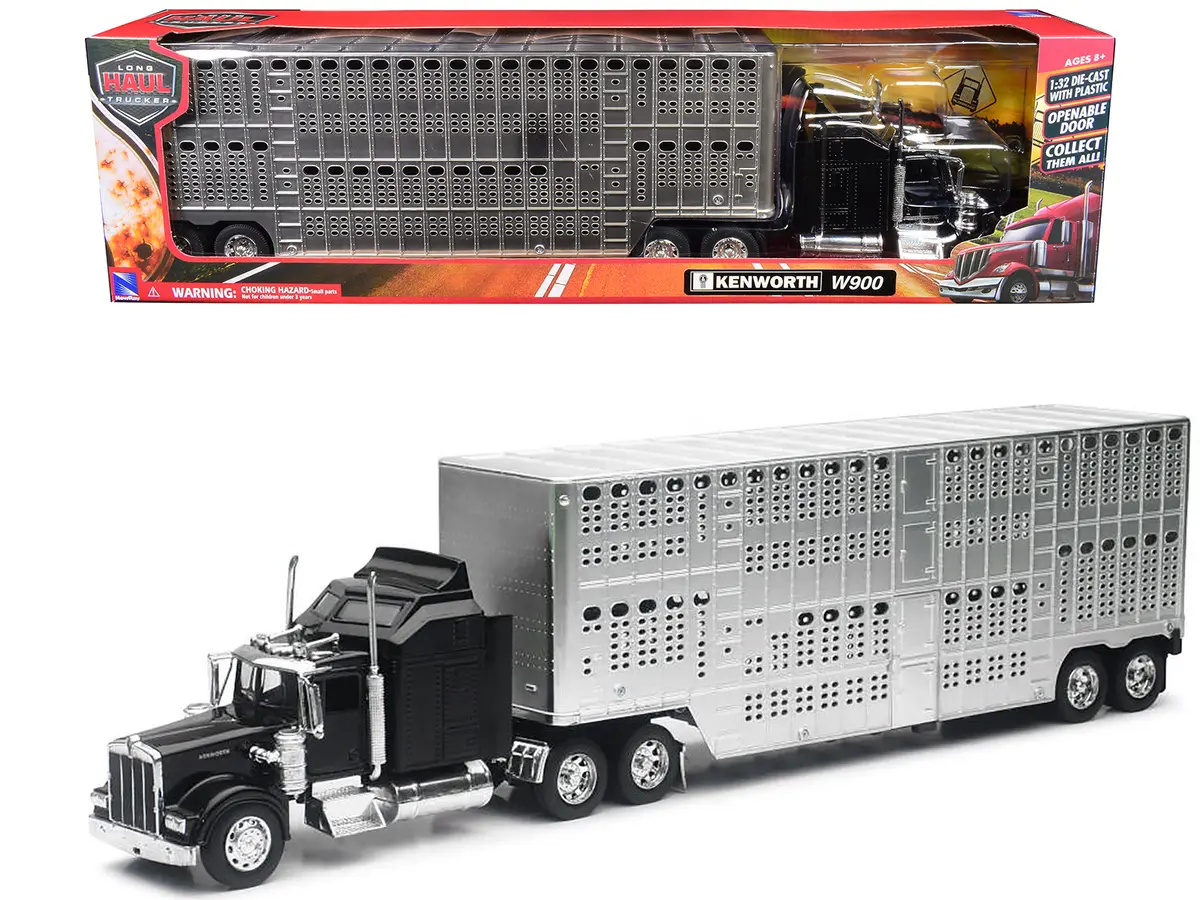 Kenworth W900 Truck Black With Pot Belly Livestock Chrome "Long Haul Truckers" Series 1/32 Diecast Model By New Ray 1