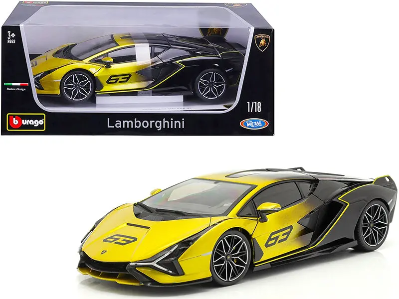 Lamborghini Sian Fkp 37 #63 Yellow Metallic And Black 1/18 Diecast Model Car By Bburago 1
