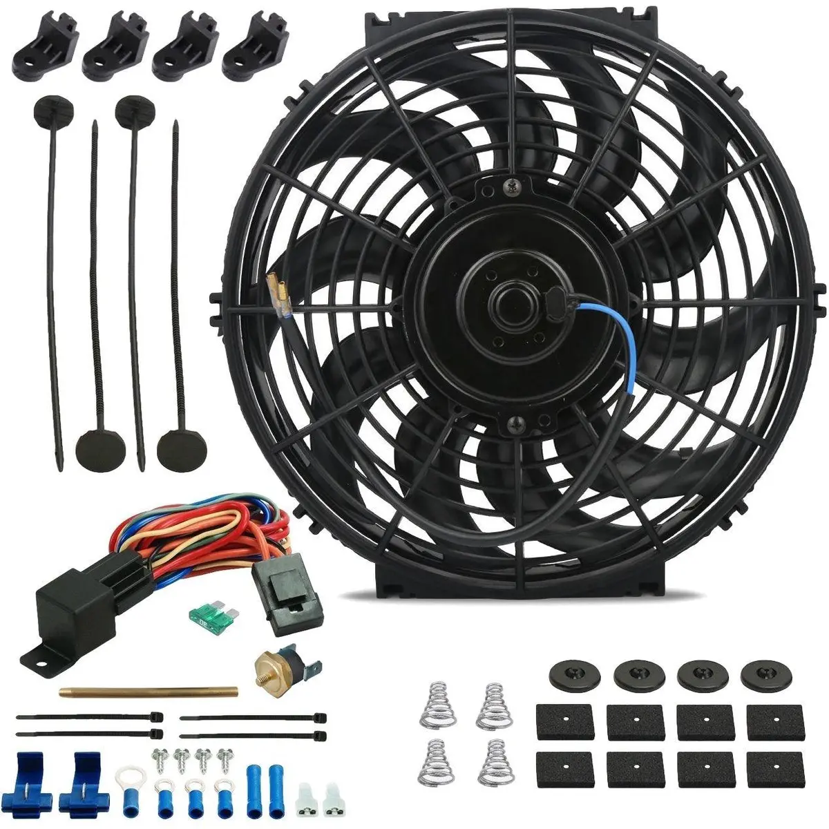 12-13 Inch 90W Electric Cooling Fan Push-In Radiator Probe Thermostat Kit 1