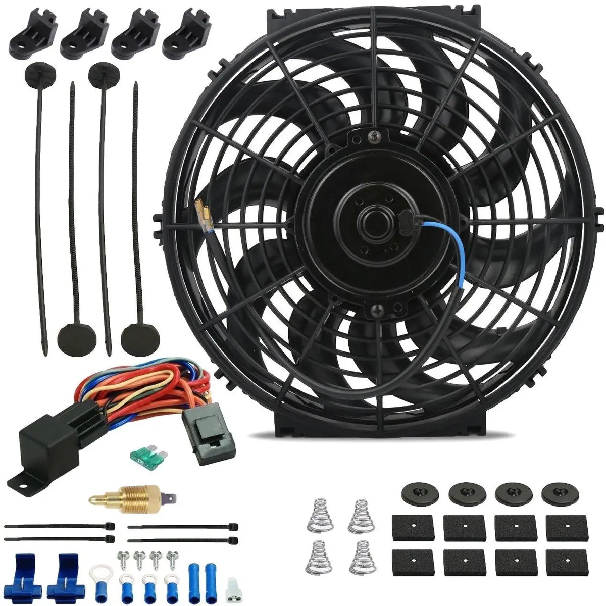 12-13 Inch 90W Electric Cooling Fan Grounding Thermostat Temp Switch Kit 1