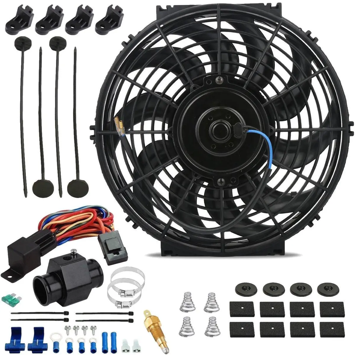 12-13 Inch 90W Electric Fan Radiator Hose Grounding Temperature Switch Kit 1