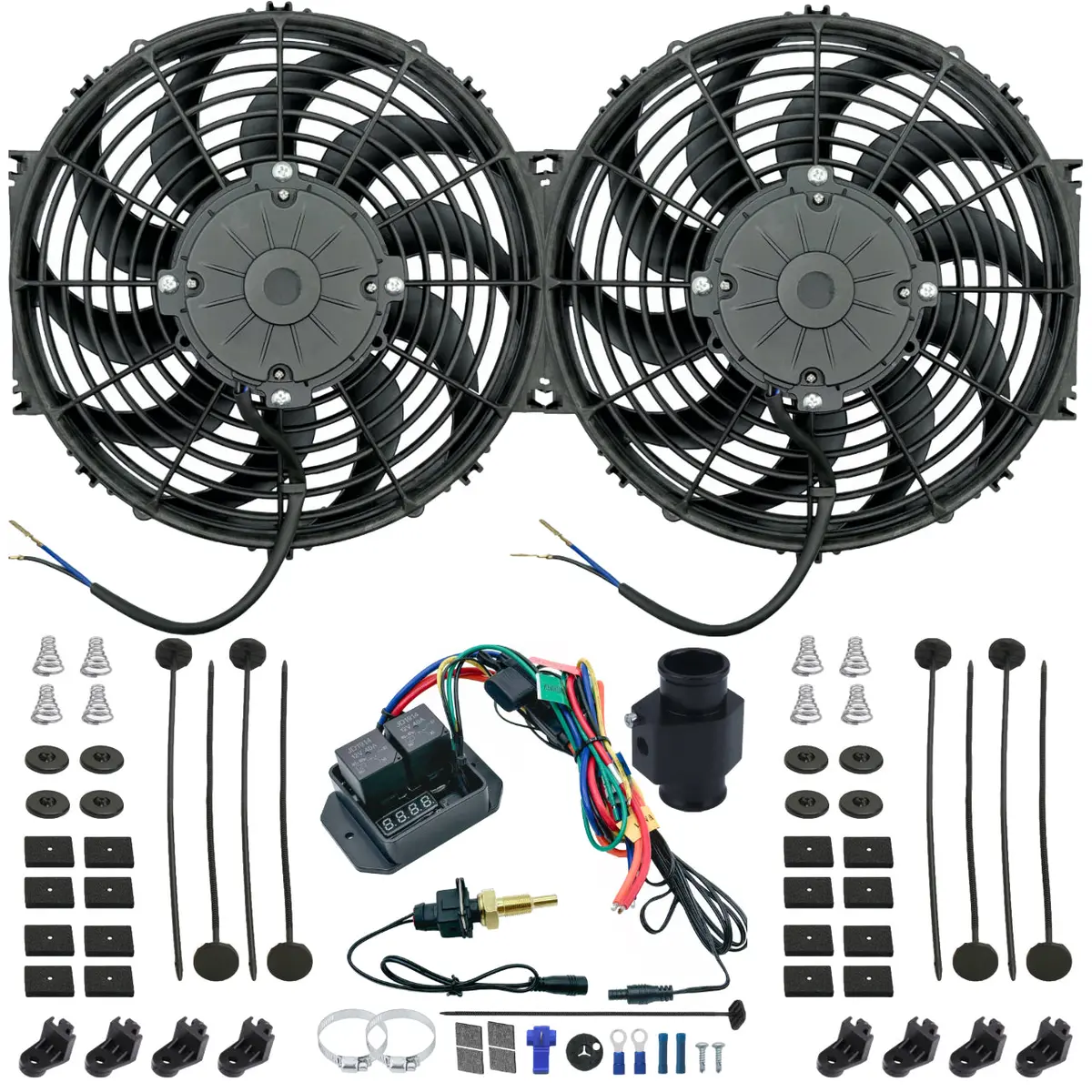 Dual 12-13 Inch 180W Electric Fans Radiator Hose Digital Thermostat Switch Kit 1