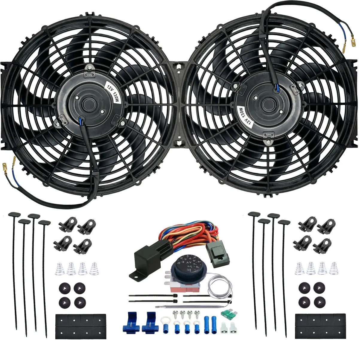 Dual 12-13 Inch 130W Electric Radiator Fan Adjustable Thermostat Switch 1