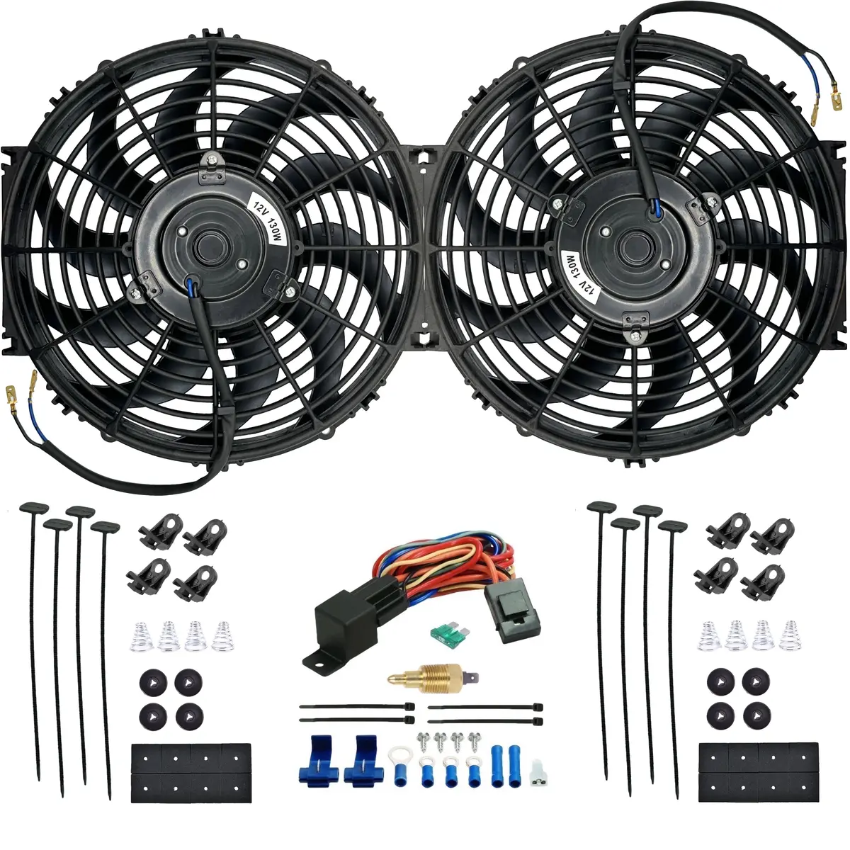 Dual 12-13 Inch 130W Electric Radiator Fan Npt Ground Temp Switch Kit 1