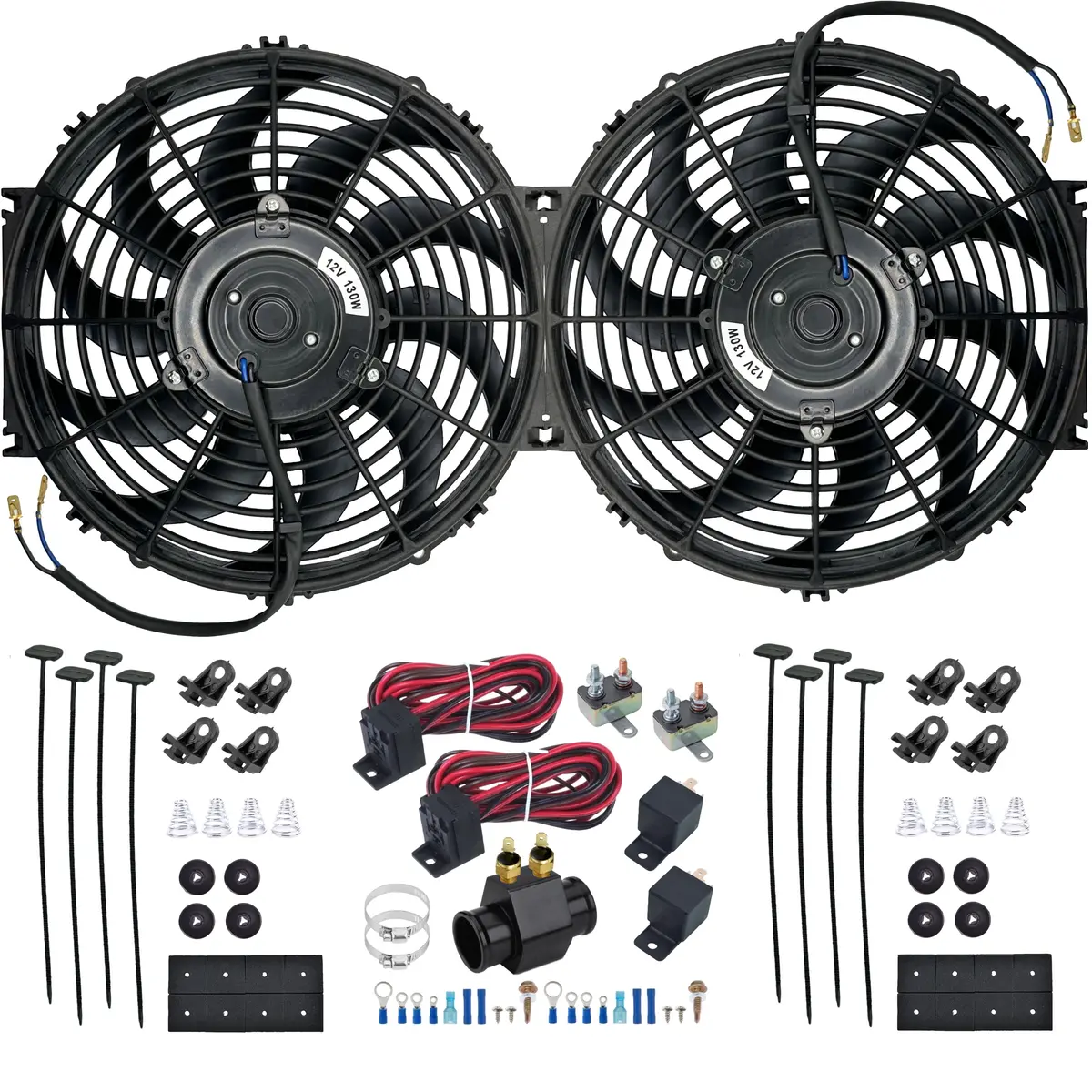 Dual 12 Inch 130W Electric Fans 38Mm Radiator Hose 2-Stage Temp Switch Kit 1
