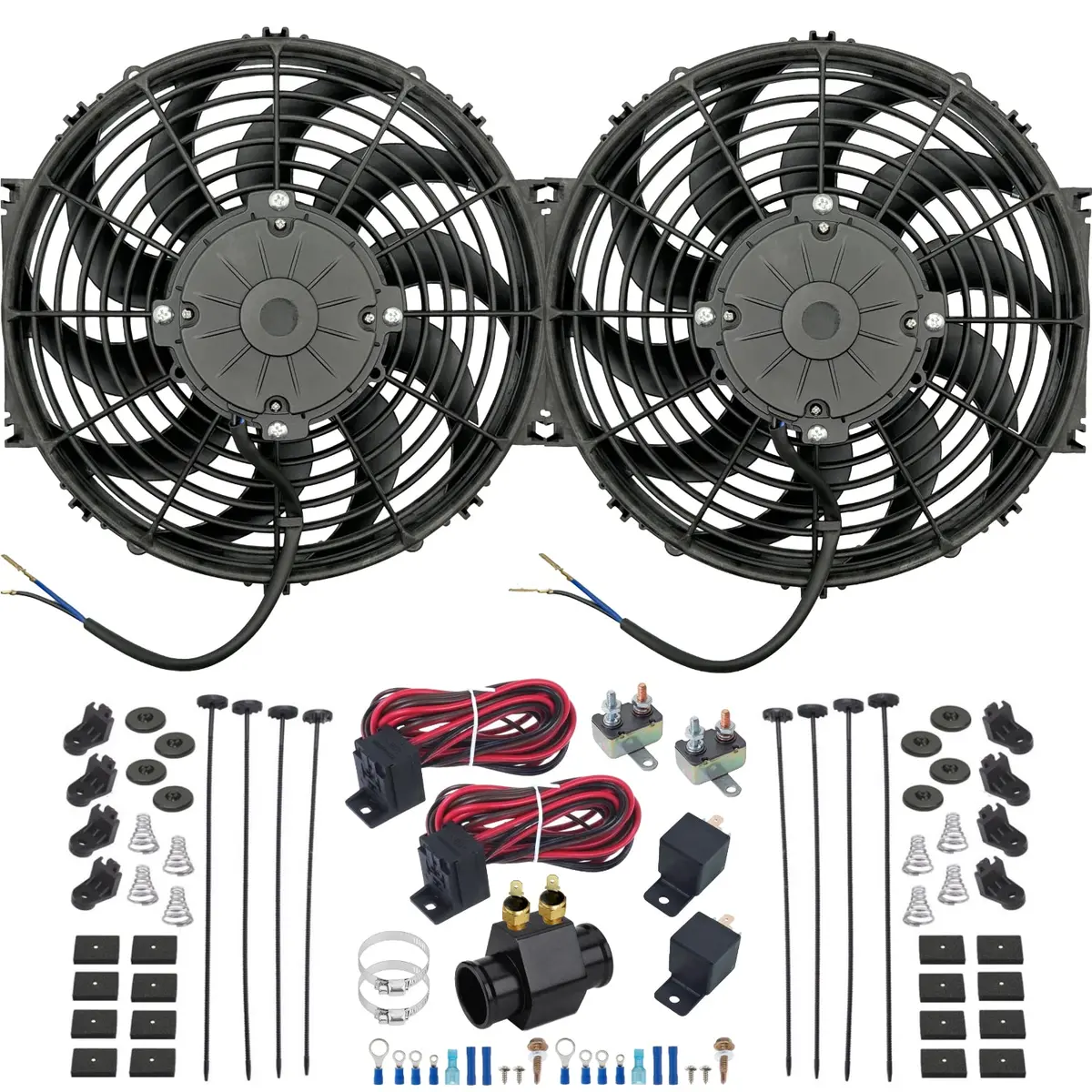Dual 12 Inch 180W Electric Fan 38Mm Radiator Hose Adapter 2-Stage Temp Switch Kit 1