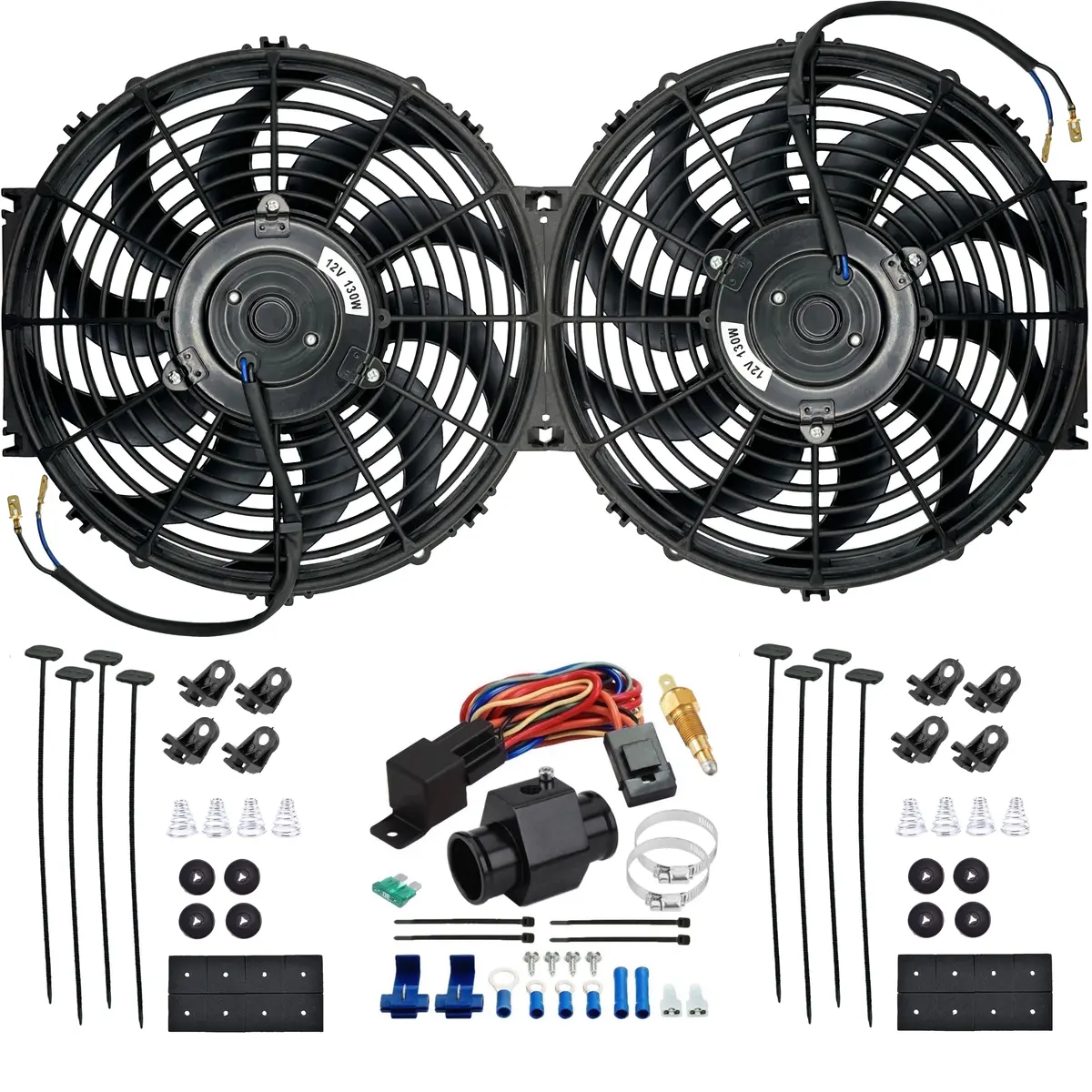 Dual 12-13 Inch 130W Electric Fans Radiator Hose Adapter Temp Switch Kit 1