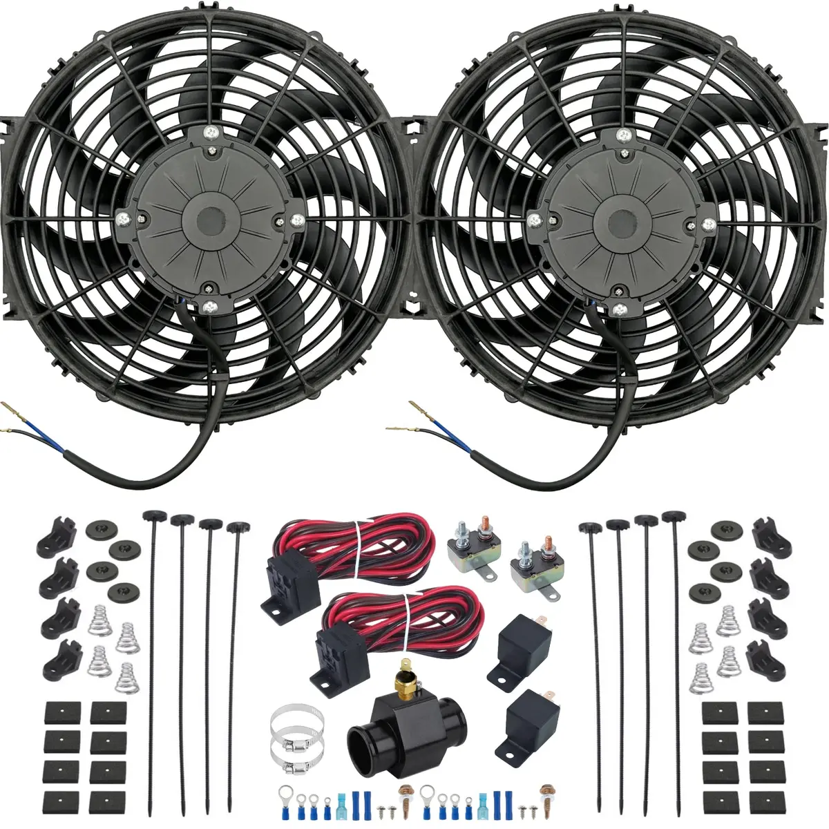 Dual 12-13 Inch 180W Electric Fans Radiator In-Hose Ground Switch Wiring Kit 1