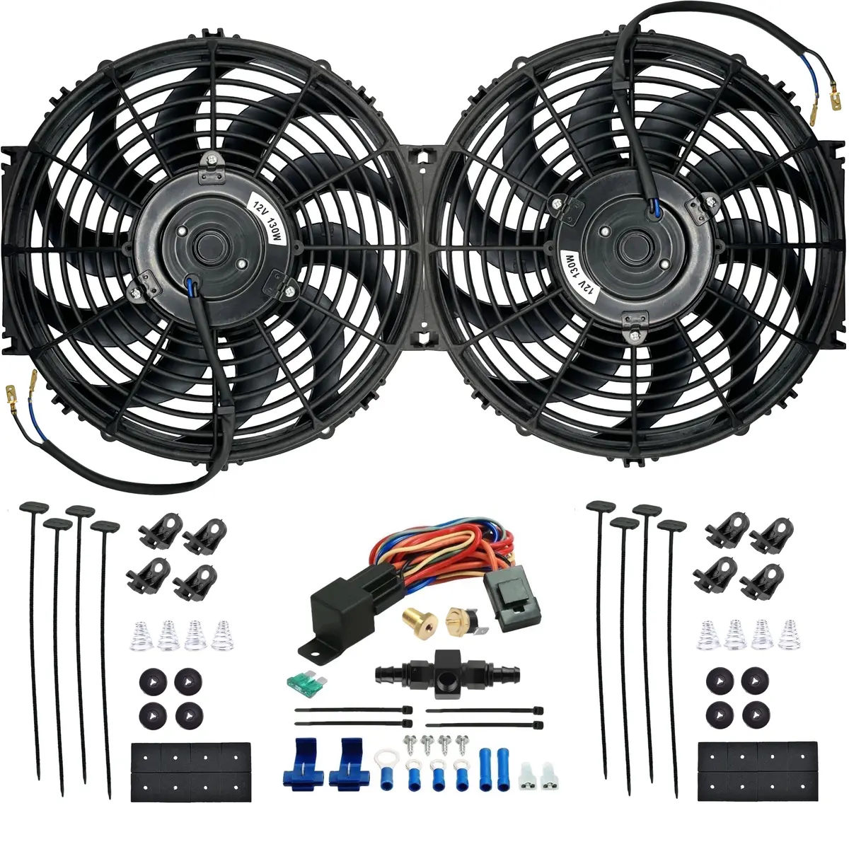 Dual 12-13 Inch 130W Electric Radiator Fans In-Hose Thermostat Switch Kit 1