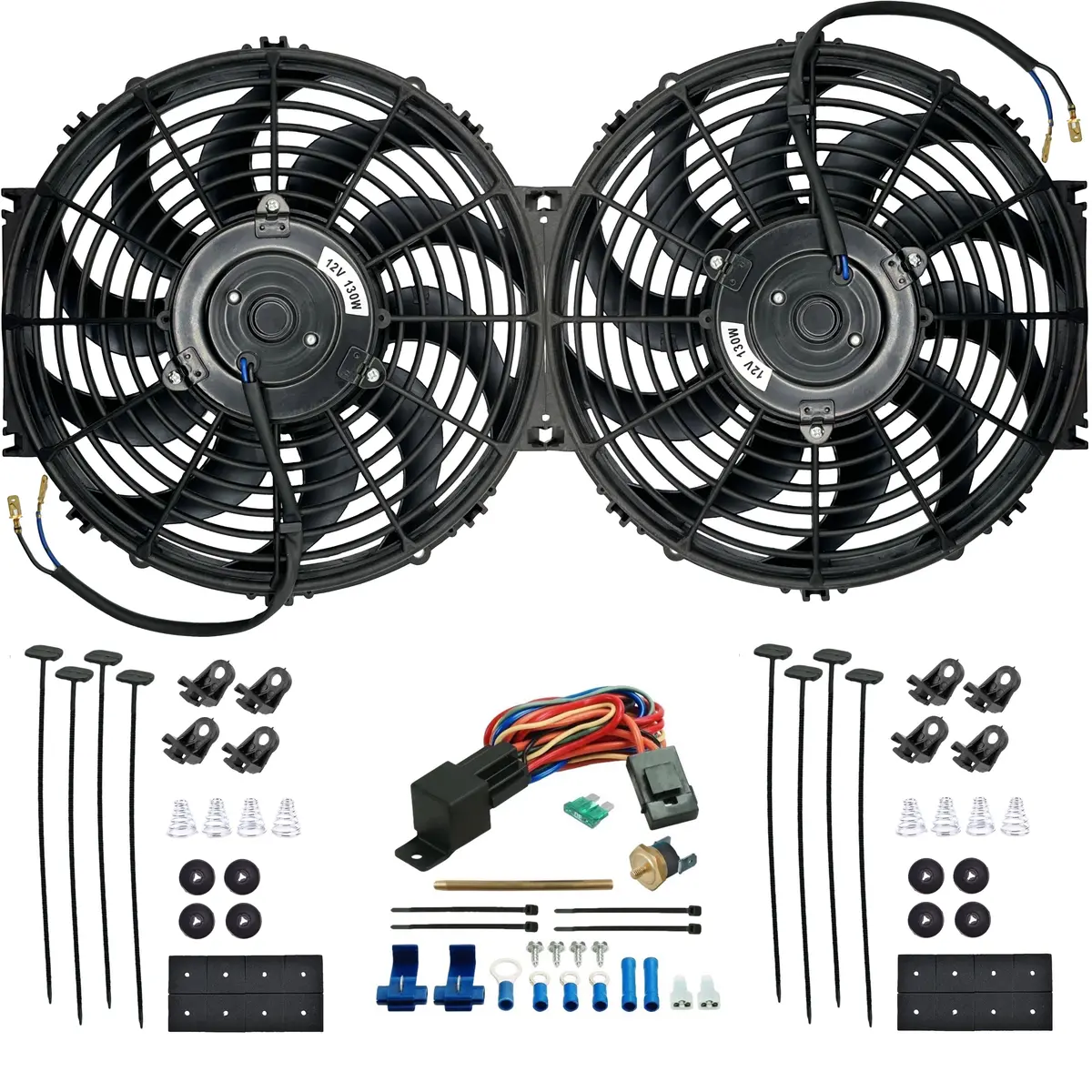Dual 12-13 Inch 130W Electric Radiator Fans Fin Probe Temperature Switch Kit 1