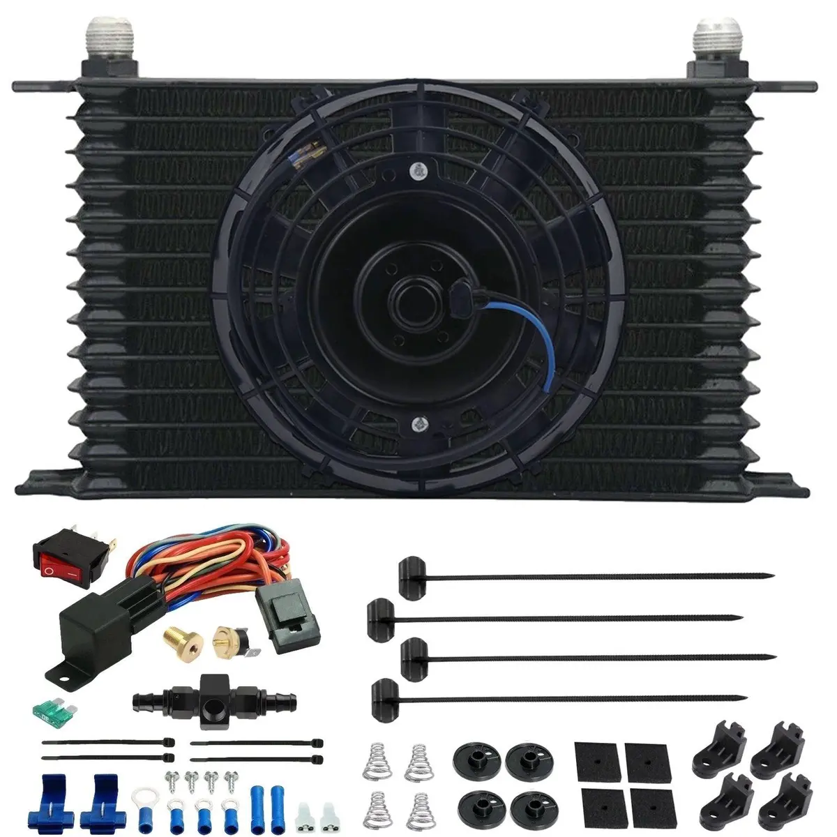 13 Row Transmission Oil Cooler Electric Fan 6-10An Hose Line Thermostat Switch 1