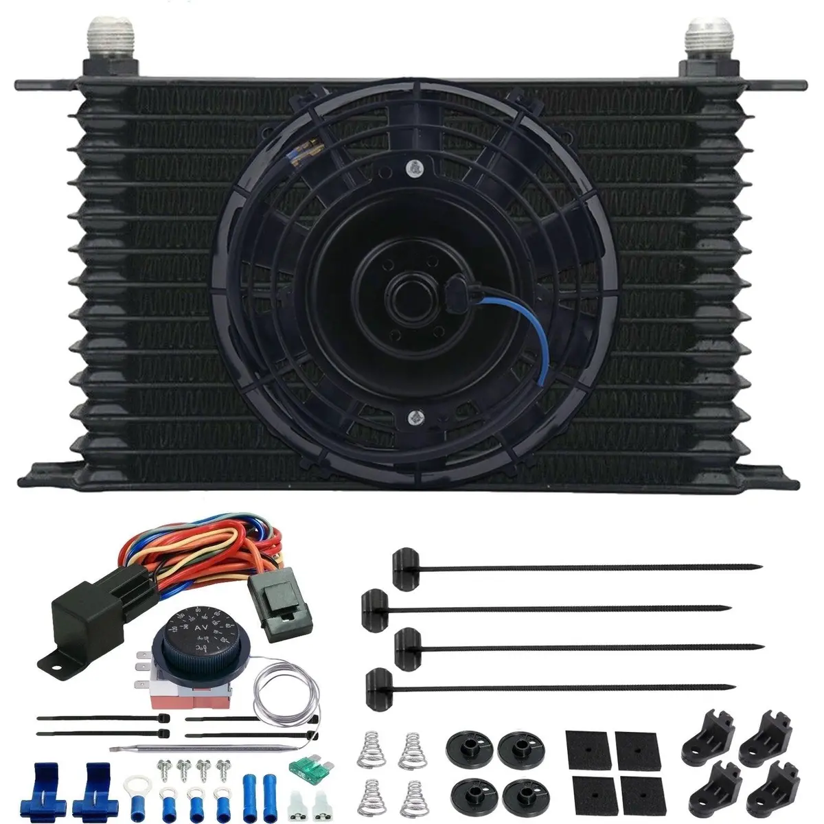 13 Row Transmission Cooler Electric Fan Adjustable Temp Thermostat Switch Kit 1