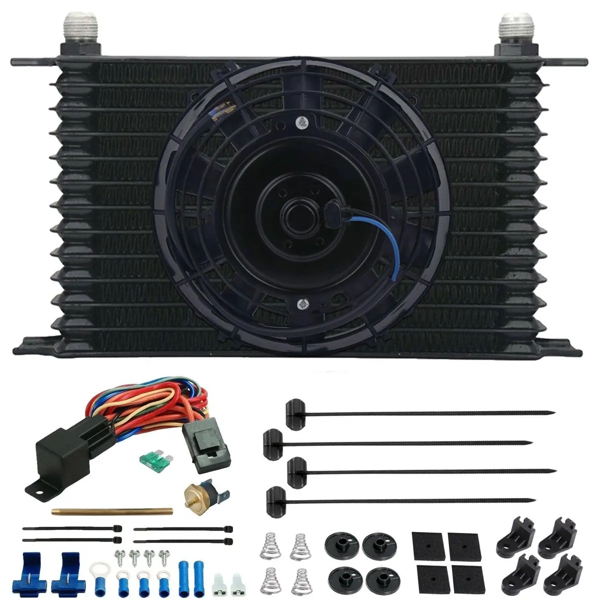 13 Row Transmission Oil Cooler Electric Fan Push-In Fin Probe Thermostat Switch 1