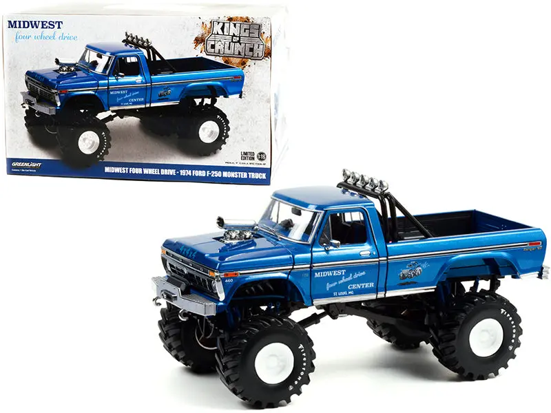 1974 Ford F-250 Ranger Xlt Monster Truck With 48-Inch Tires Blue Metallic "Midwest Four Wheel Drive Center" "Kings Of Crunch" Series 1/18 Diecast Model By Greenlight 1