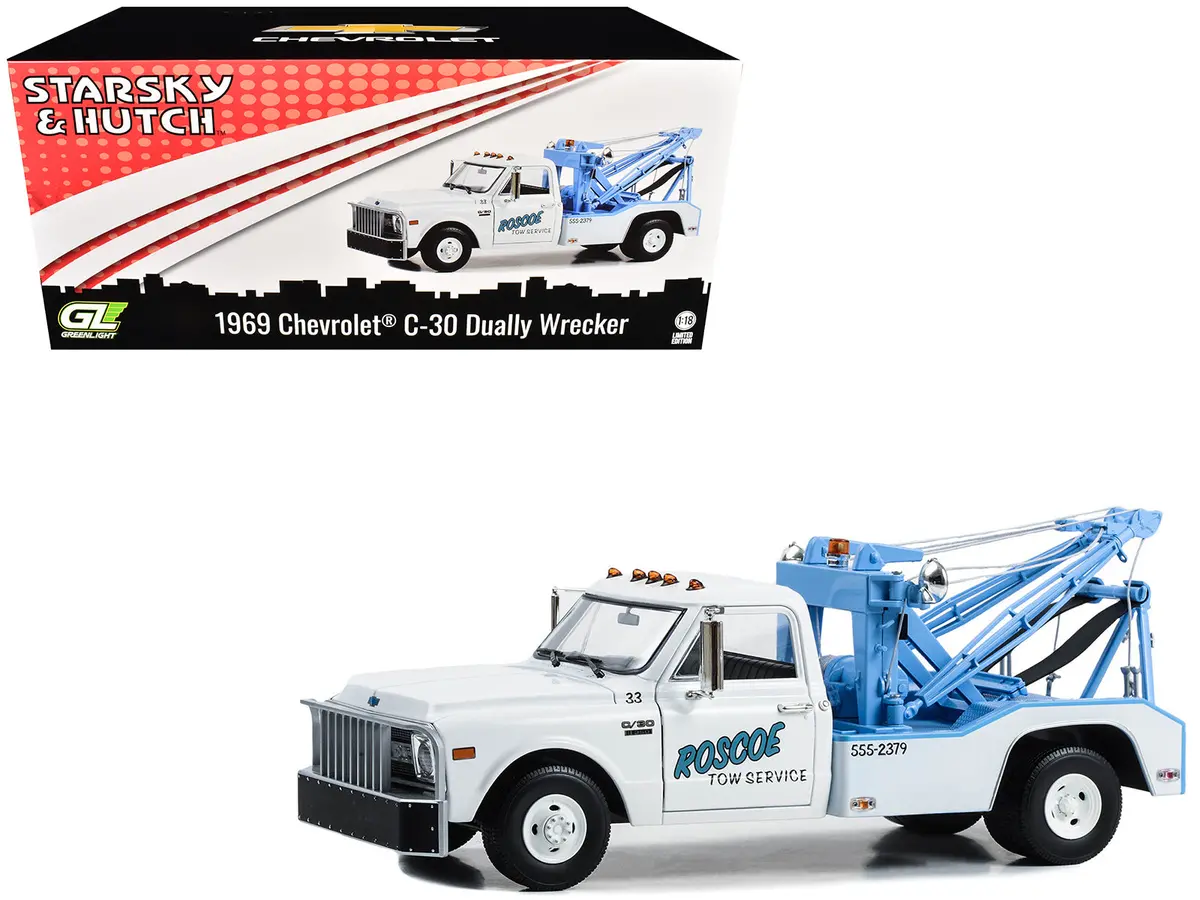 1969 Chevrolet C-30 Dually Wrecker Tow Truck "Roscoe Tow Service" White "Starsky And Hutch" (1975-1979) Tv Series 1/18 Diecast Model By Greenlight 1