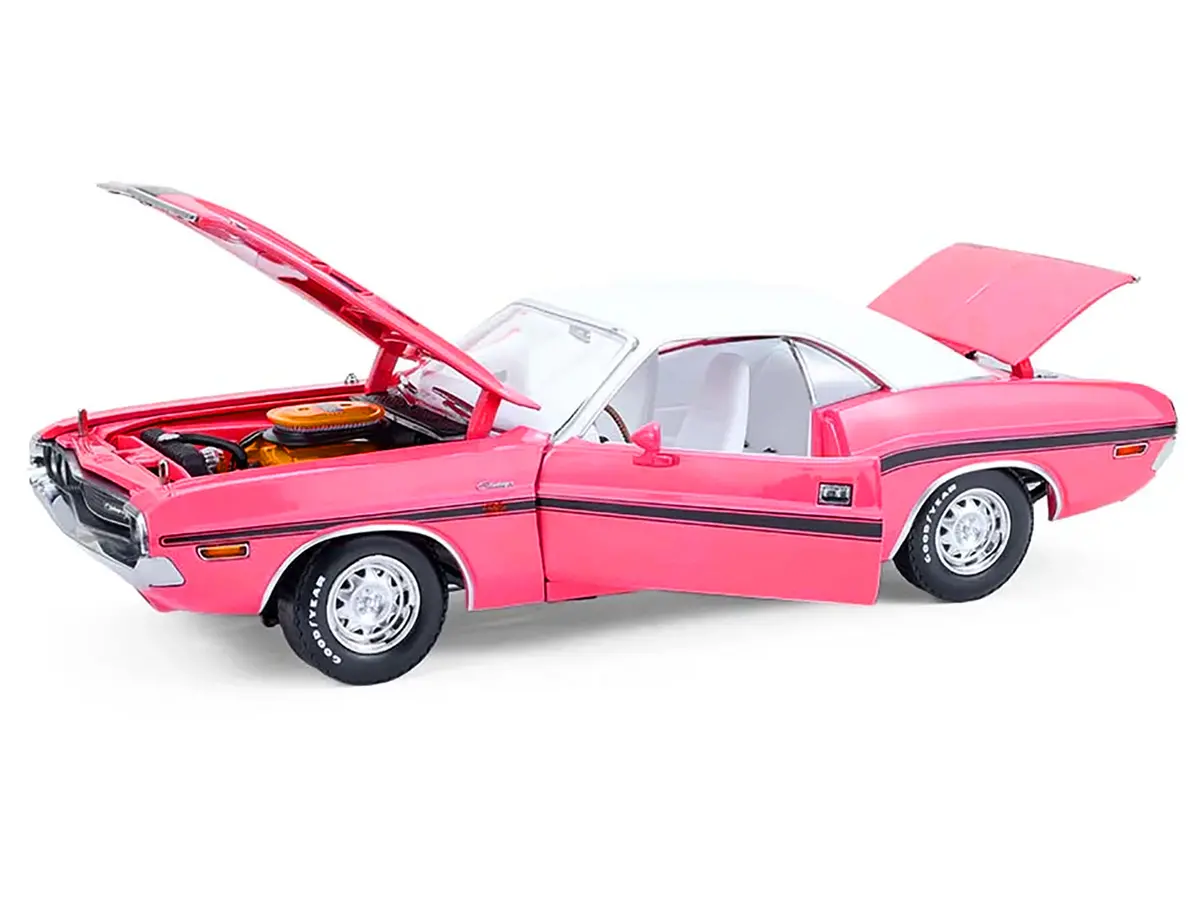 1970 Dodge Challenger R/T 440 Six Pack Panther Pink With Black Stripes White Top And White Interior 1/18 Diecast Model Car By Greenlight 2