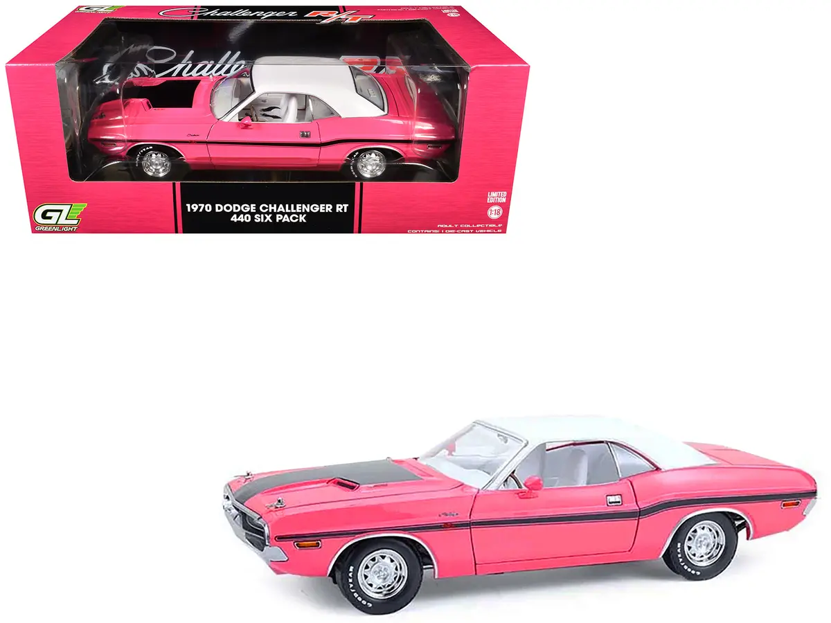 1970 Dodge Challenger R/T 440 Six Pack Panther Pink With Black Stripes White Top And White Interior 1/18 Diecast Model Car By Greenlight 1