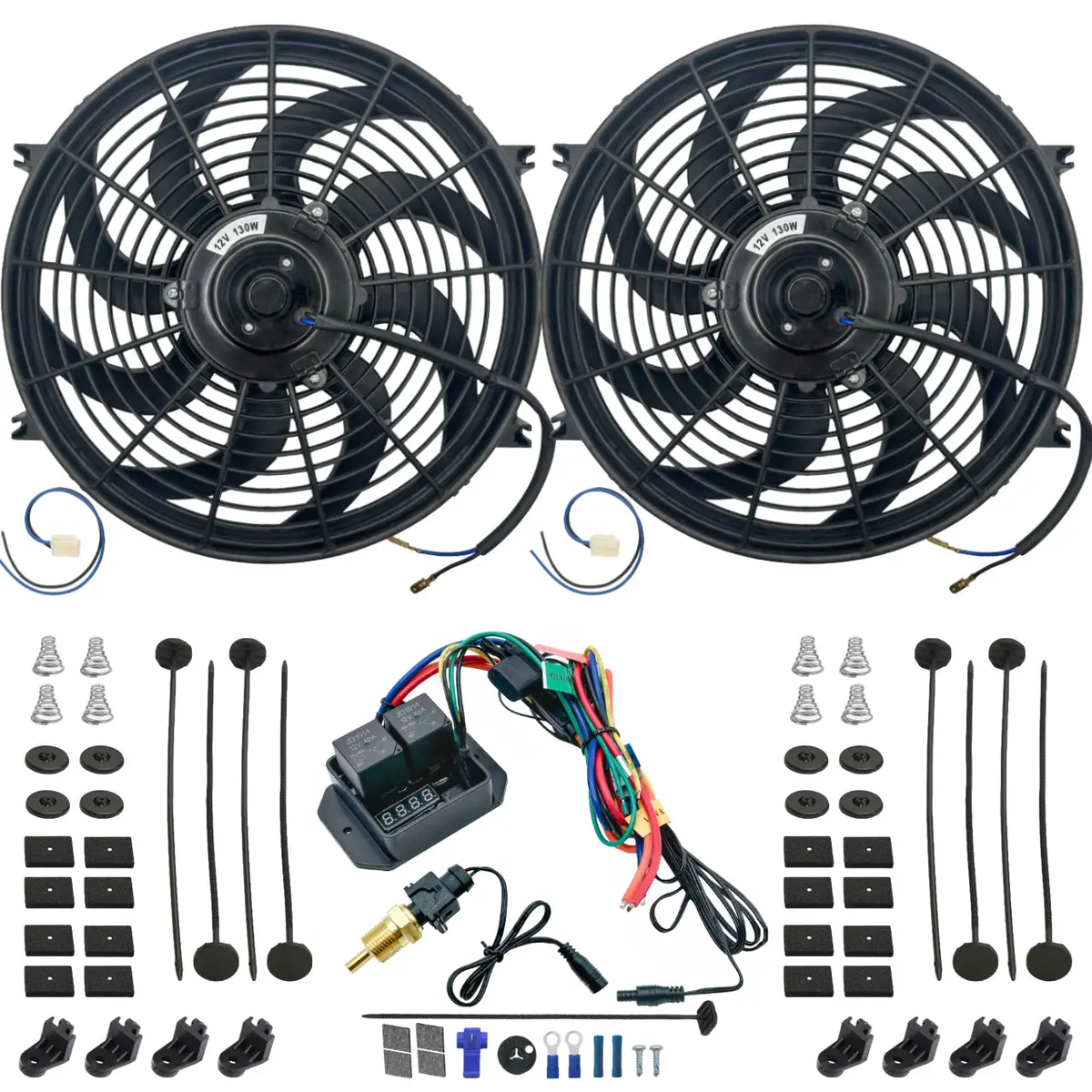 Dual 14-15 Inch 130W Electric Fan Digital Adjustable Npt Thread Thermostat Switch 1