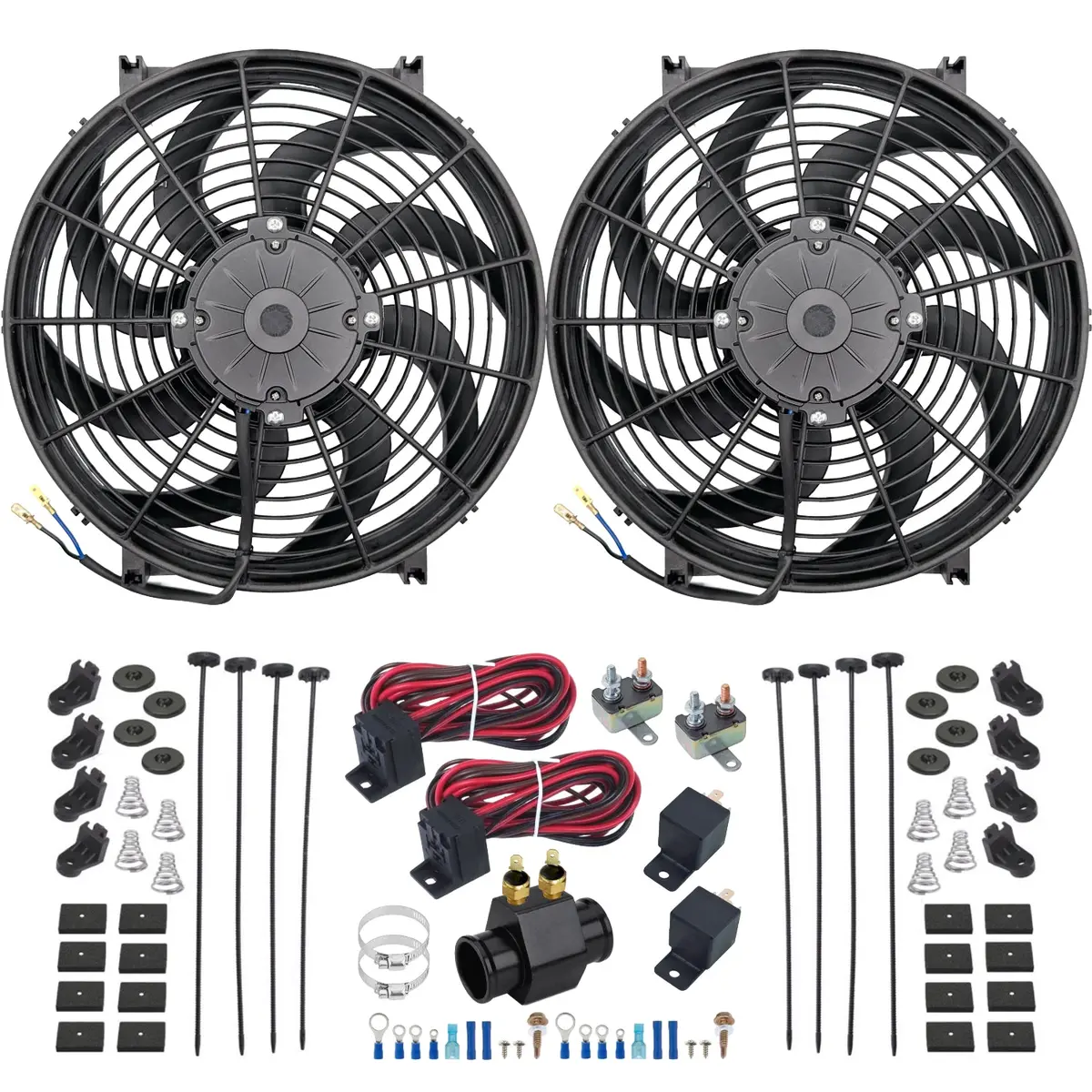 Dual 14-15 Inch 180W Electric Fan Radiator Hose Adapter 2-Stage Temp Switch Kit 1