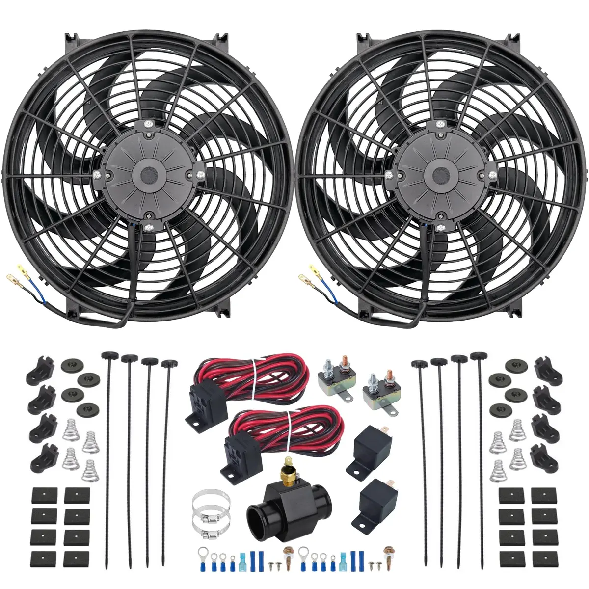 Dual 14-15 Inch 180W Electric Fan Radiator Hose Adapter Temp Switch Wire Kit 1