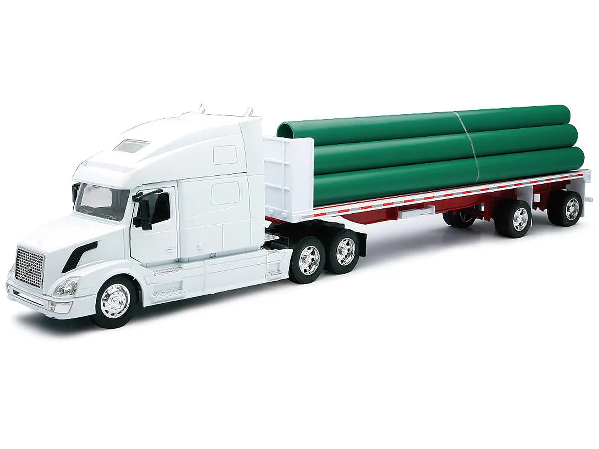 Volvo Vn-780 Truck With Flatbed Trailer And Long Pipes White "Long Haul Truckers" Series 1/32 Diecast Model By New Ray 2