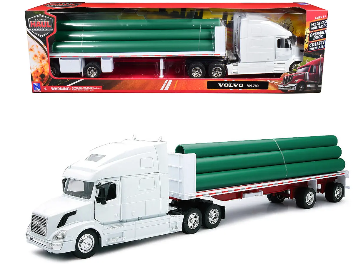 Volvo Vn-780 Truck With Flatbed Trailer And Long Pipes White "Long Haul Truckers" Series 1/32 Diecast Model By New Ray 1
