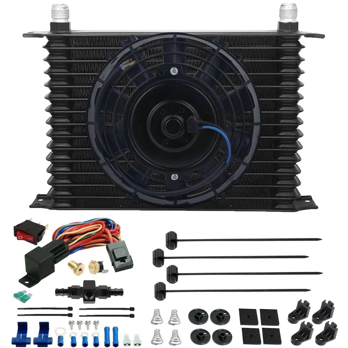15 Row Engine Transmission Oil Cooler Electric Fan In-Line Temp Switch Kit 1