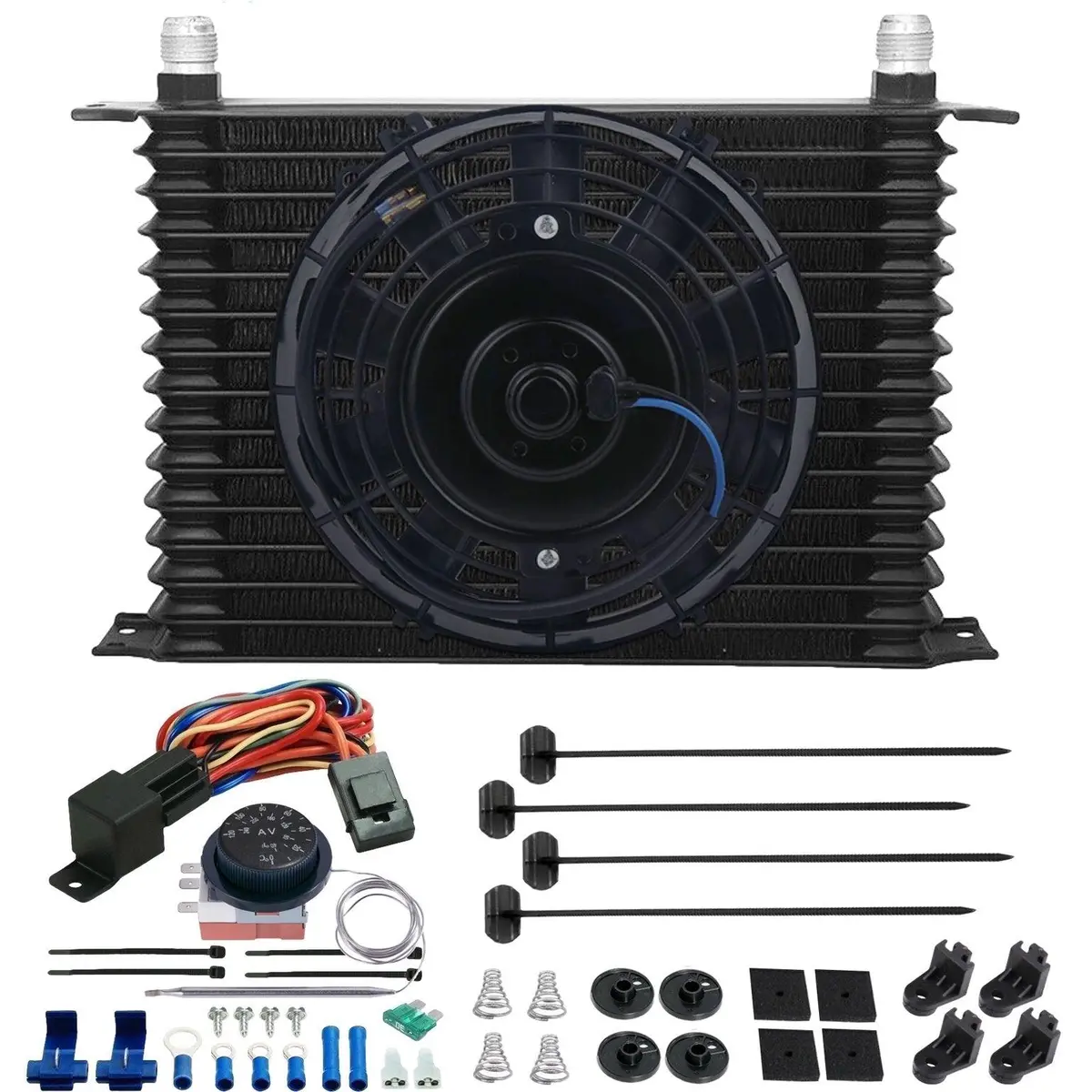 15 Row Transmission Oil Cooler Electric Fan Adjustable Temp Controller Wire Kit 1