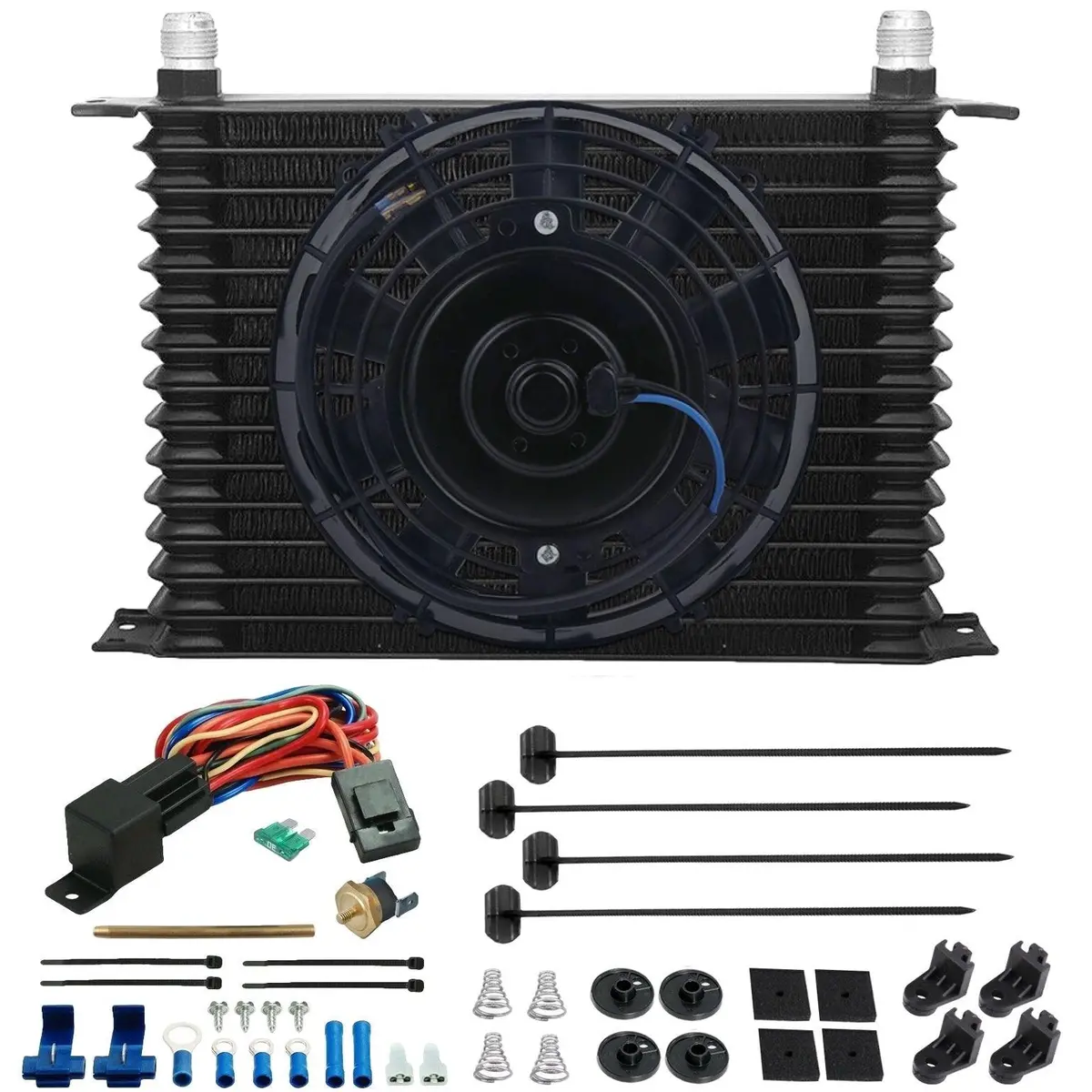 15 Row Engine Transmission Oil Cooler Electric Fan Push-In Probe Thermostat Kit 1