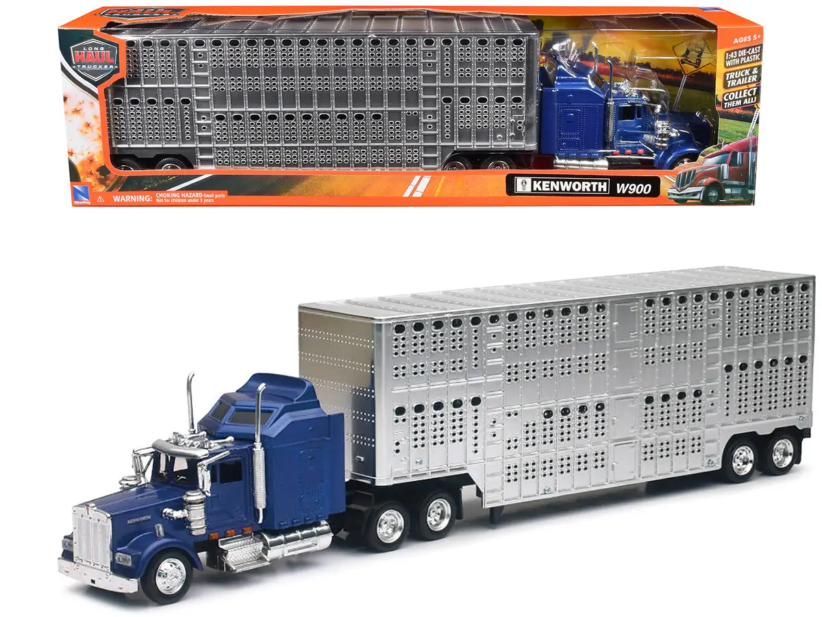 Kenworth W900 Truck Blue With Potbelly Livestock Trailer Chrome "Long Haul Truckers" Series 1/43 Diecast Model By New Ray 1
