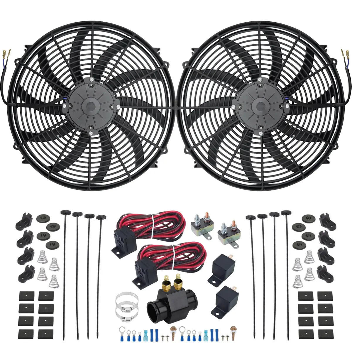 Dual 16-17 Inch 180W Electric Fans 1.5" Radiator Hose 2-Stage Temp Switch Kit 1