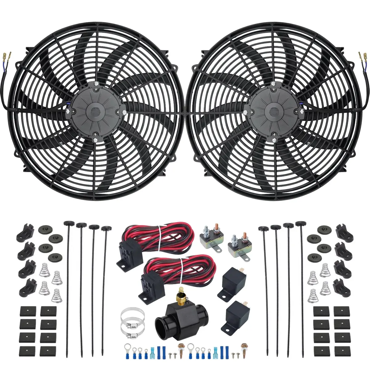 Dual 16-17 Inch 180W Electric Fan Radiator Hose Adapter Thermostat Switch Kit 1