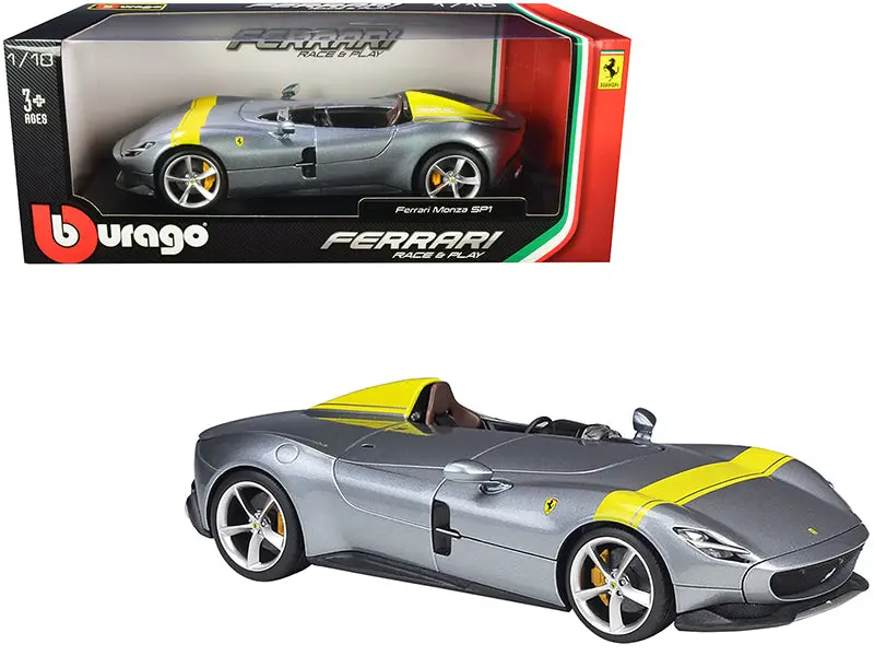 Ferrari Monza Sp1 Silver Metallic With Yellow Stripes 1/18 Diecast Model Car By Bburago 1