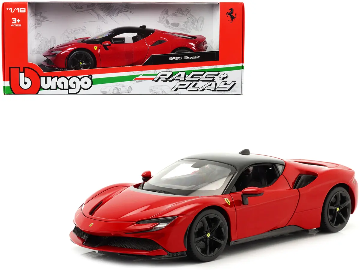 Ferrari Sf90 Stradale Red With Black Top "Race + Play" Series 1/18 Diecast Model Car By Bburago 1
