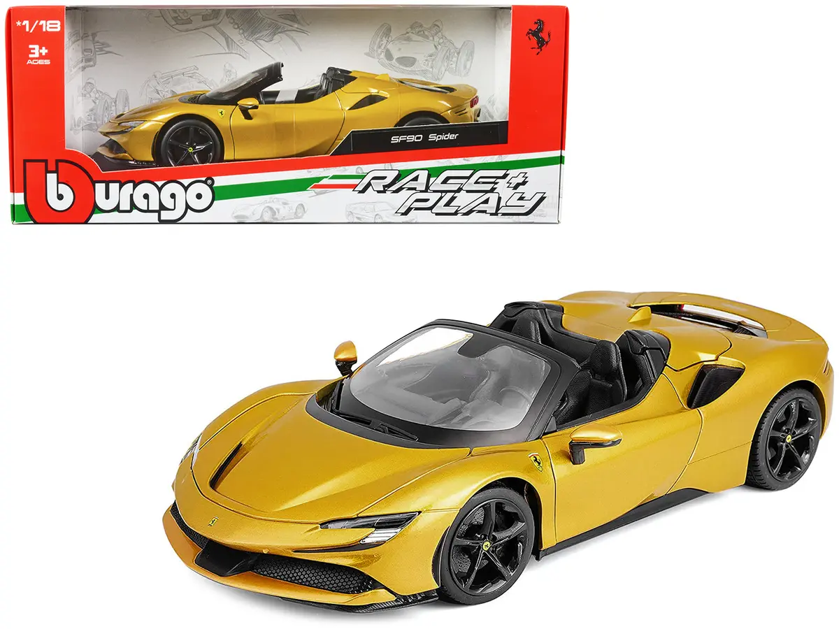 Ferrari Sf90 Spider Gold Metallic "Race + Play" Series 1/18 Diecast Model Car By Bburago 1