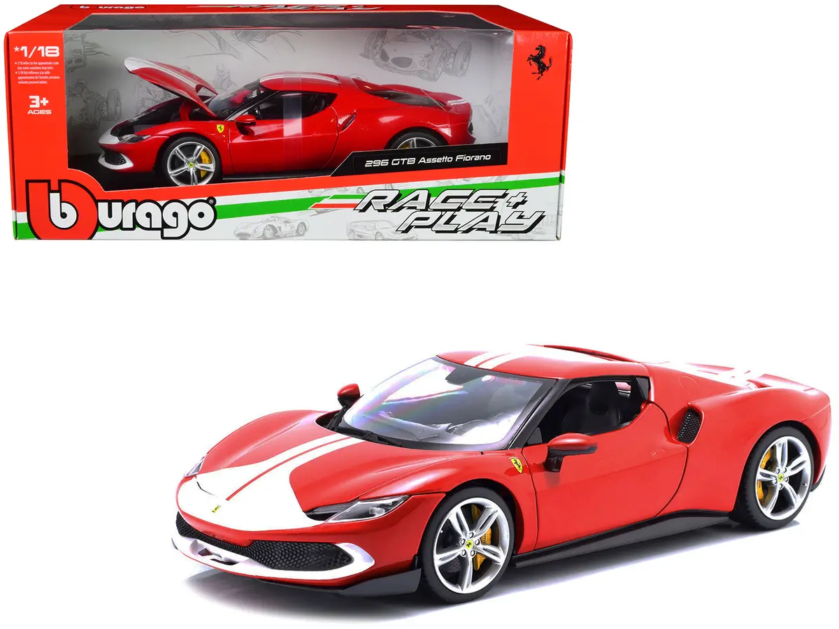 Ferrari 296 Gtb Assetto Fiorano Red With White Stripes "Race + Play" Series 1/18 Diecast Model Car By Bburago 1