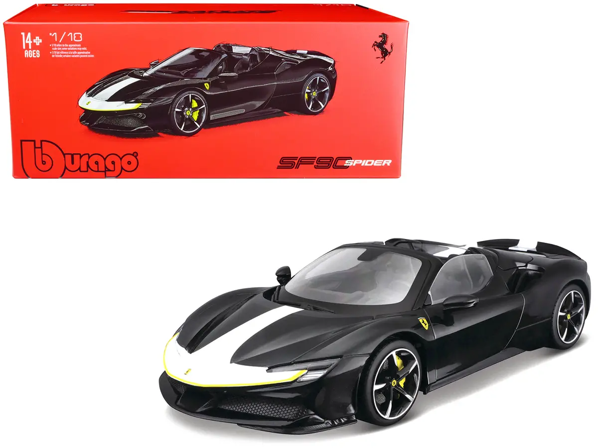 Ferrari Sf90 Spider Assetto Fiorano Black Metallic With White Stripes "Signature Series" 1/18 Diecast Model Car By Bburago 1