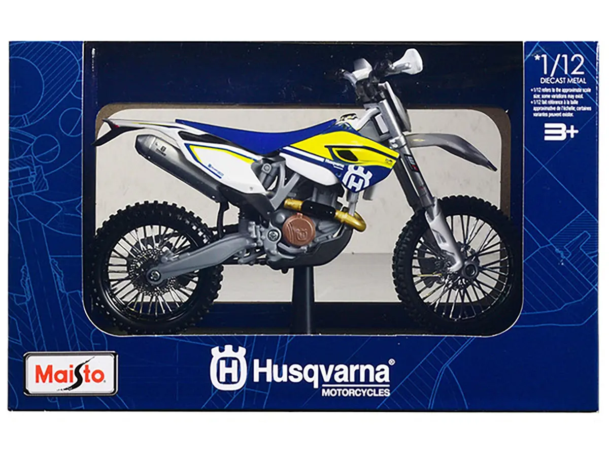 Husqvarna Fe 501 White And Blue With Yellow Stripes Motorcycle 1/12 Diecast Model By Maisto 1