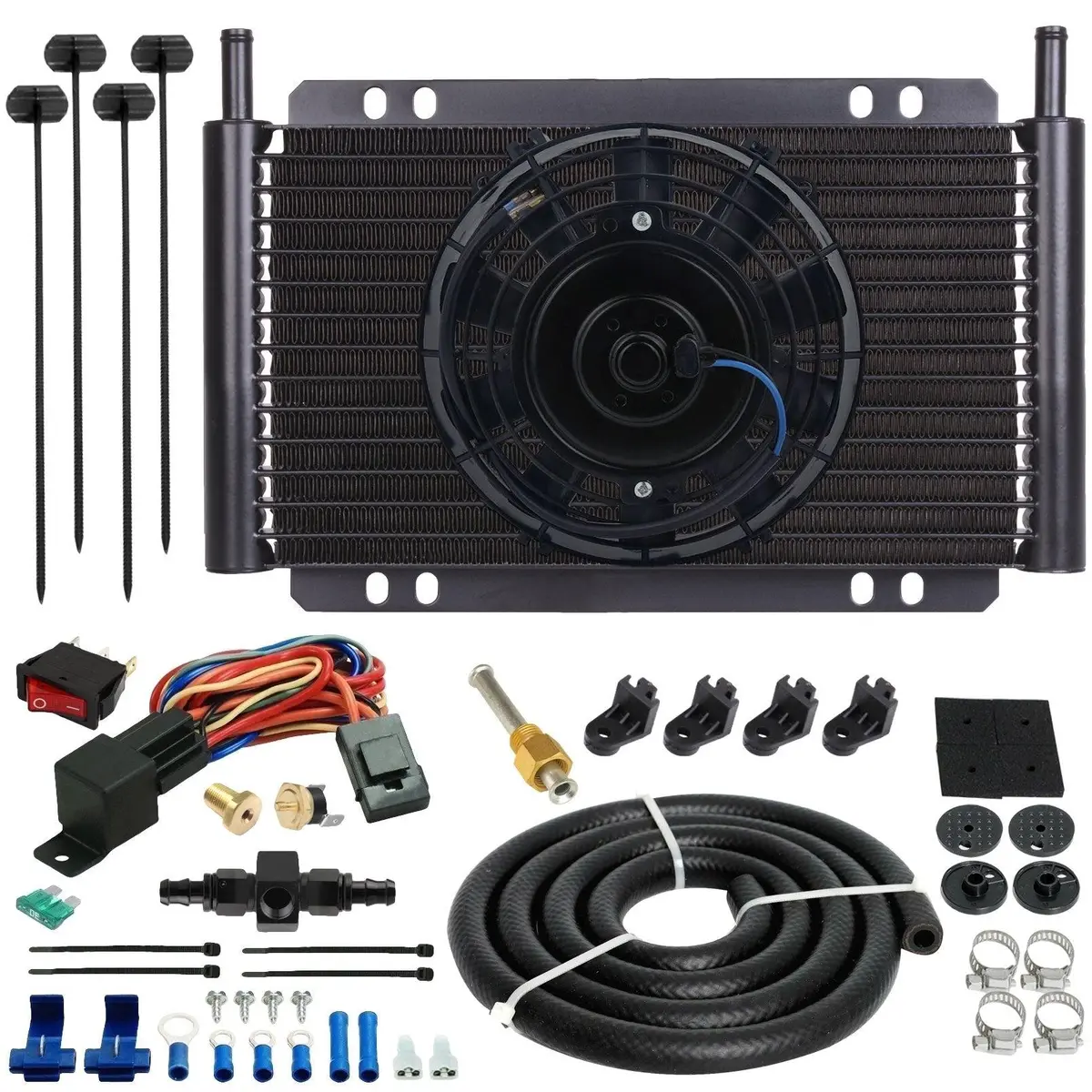 17 Row Transmission Cooler Electric Fan 6An Hose Line Thermostat Switch Kit 1