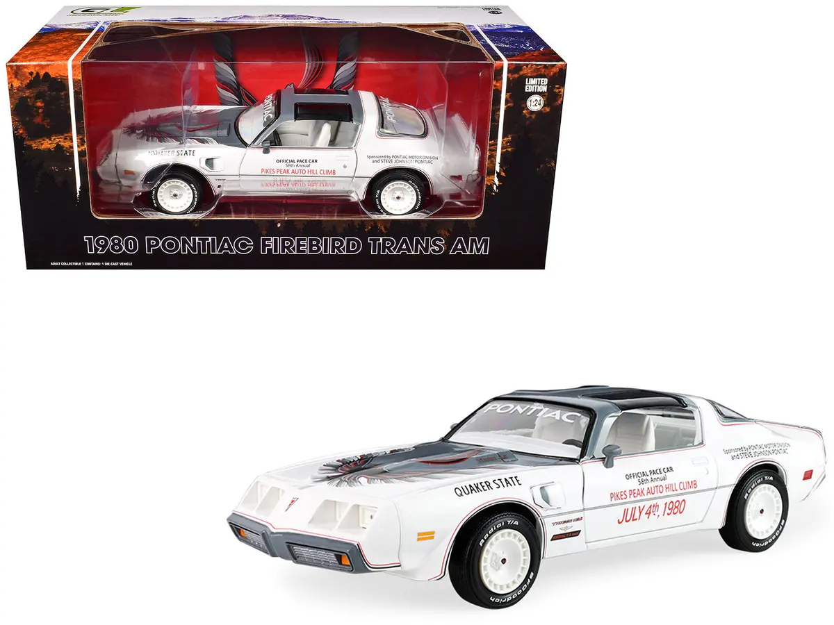1980 Pontiac Firebird Trans Am T/A "Official Pace Car 58Th Annual Pikes Peak Auto Hill Climb" White With Gray Top And Hood Graphics With White Interior 1/24 Diecast Model Car By Greenlight 1
