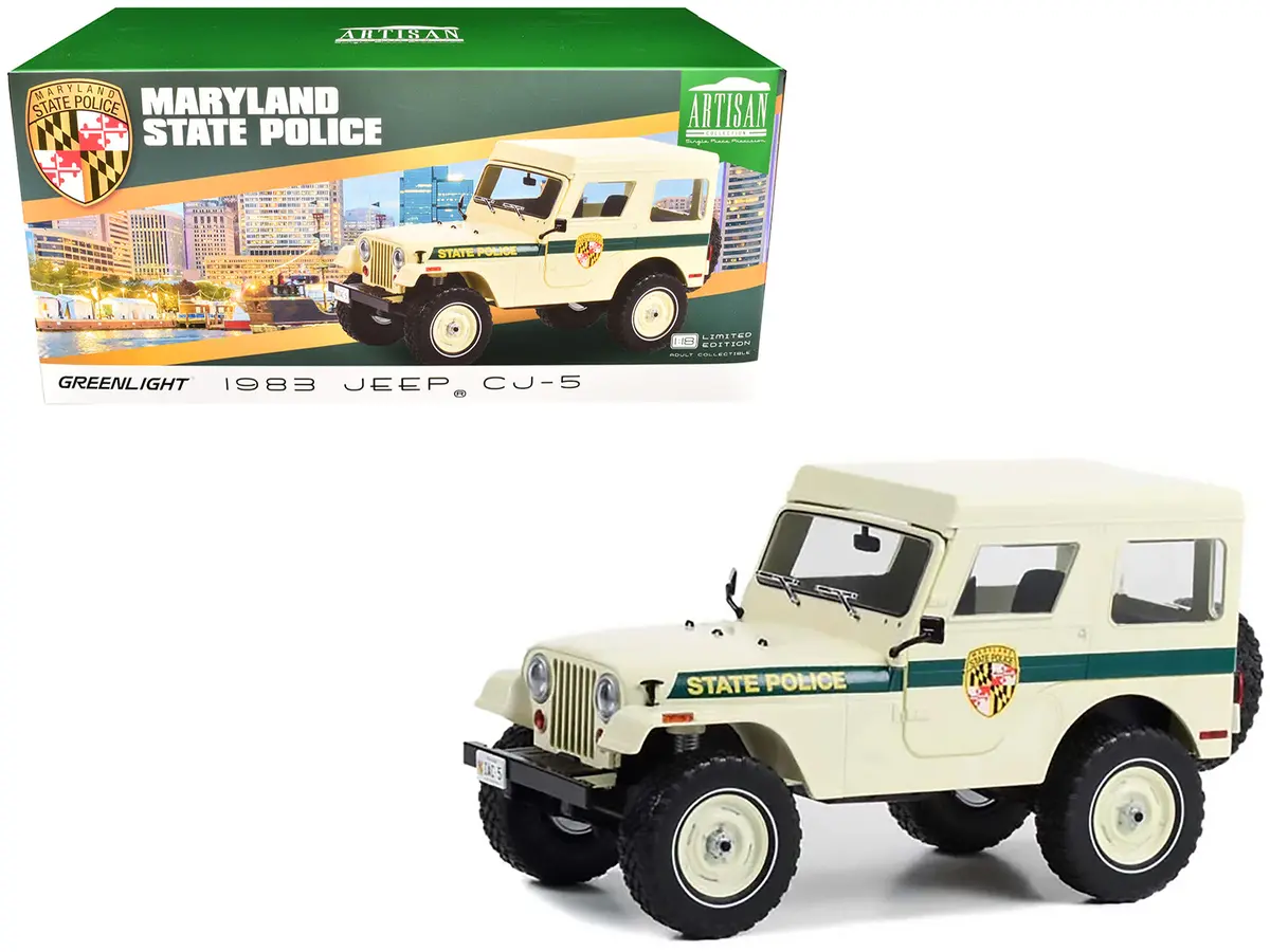 1983 Jeep Cj-5 Hardtop "Maryland State Police" Beige With Green Stripes "Artisan Collection" Series 1/18 Diecast Model By Greenlight 1