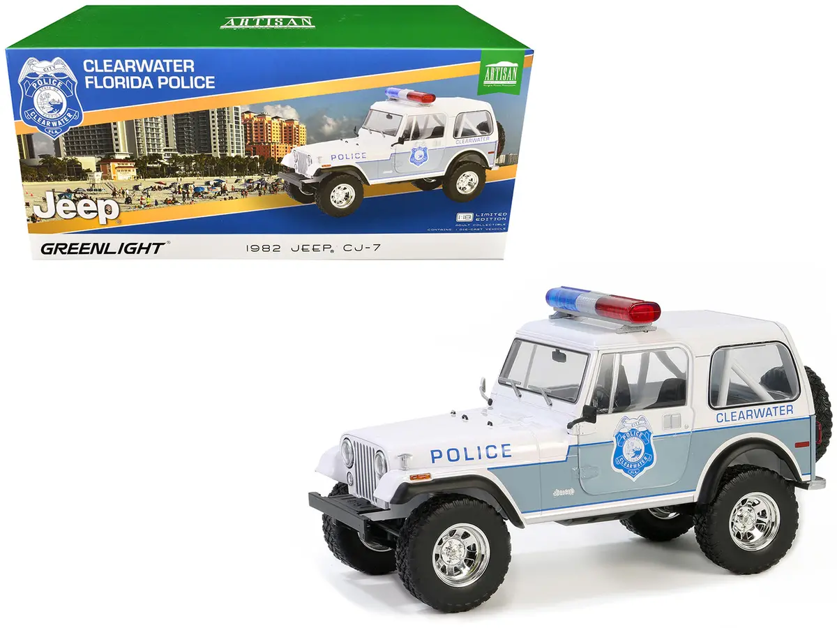 1982 Jeep Cj-7 "Clearwater Florida Police Department" White And Light Blue "Artisan Collection" Series 1/18 Diecast Model Car By Greenlight 1