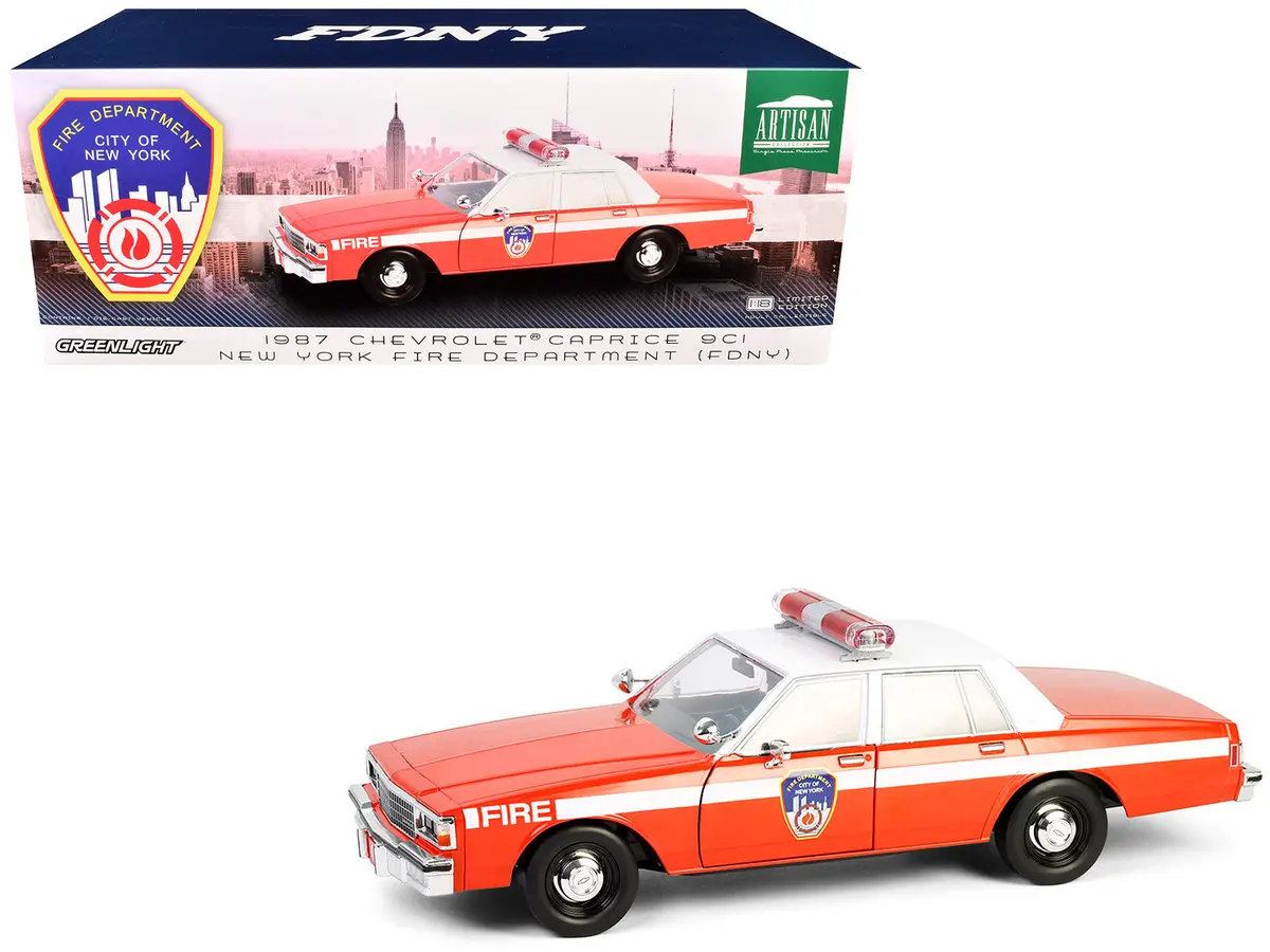 1987 Chevrolet Caprice 9C1 "Fdny (The Official Fire Department City Of New York)" Red With White Top And Stripes "Artisan Collection" 1/18 Diecast Model Car By Greenlight 1