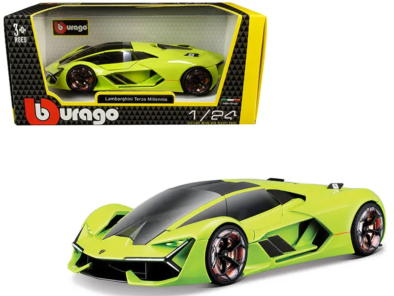 Lamborghini Terzo Millennio Lime Green With Black Top And Carbon Accents 1/24 Diecast Model Car By Bburago 1