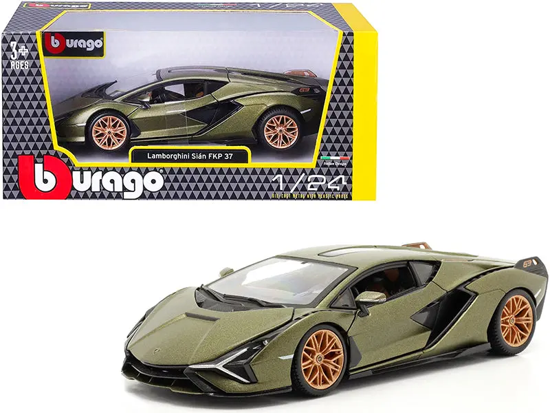 Lamborghini Sian Fkp 37 Matte Green Metallic With Copper Wheels 1/24 Diecast Model Car By Bburago 1